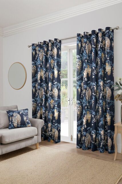 Dreams & Drapes 'Wisteria' Floral Print Pair of Eyelet Curtains in Navy - Size: 168 cm width x 229 cm drop - image 1