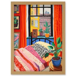 Artery8 Wall Art Print The Artist's Bedroom Henri Matisse Style Vibrant Patterns Colourful Oil Painting Artwork Framed A4 in Light Oak - thumbnail 1