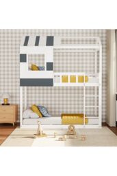 Living and Home Modern Twin Bunk Bed Slatted Board House Shaped in White - thumbnail 6