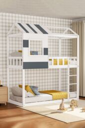 Living and Home Modern Twin Bunk Bed Slatted Board House Shaped in White