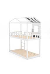 Living and Home Modern Twin Bunk Bed Slatted Board House Shaped in White - thumbnail 7