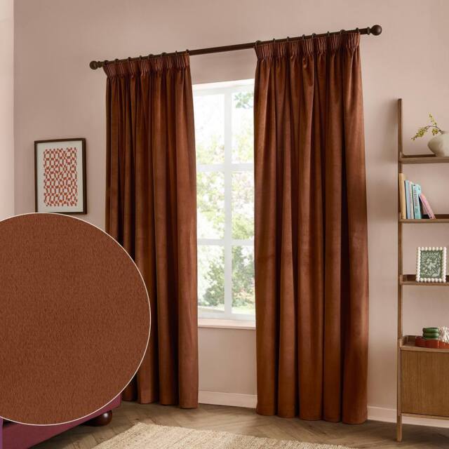 Furn The Ultimate Velvet Room Darkening Pencil Pleat Curtain Pair in Terracotta - Size: 229 cm width x 229 cm drop - image 1