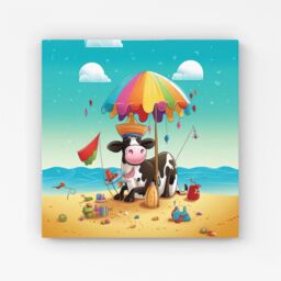 Warren Reed - Designer Cow On A Beach Holiday Canvas in Yellow - Size: w10 inch x h10 inch - thumbnail 1