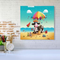 Warren Reed - Designer Cow On A Beach Holiday Canvas in Yellow - Size: w10 inch x h10 inch - thumbnail 2
