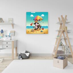 Warren Reed - Designer Cow On A Beach Holiday Canvas in Yellow - Size: w10 inch x h10 inch - thumbnail 3