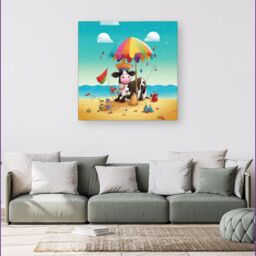 Warren Reed - Designer Cow On A Beach Holiday Canvas in Yellow - Size: w10 inch x h10 inch - thumbnail 4