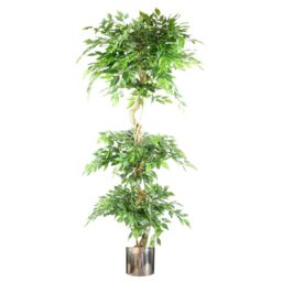 Leaf 180cm Artificial Ficus Tree Triple Ball Topiary Silver Planter in Green