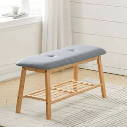 EONLION 2 Tier Wood Shoe Bench Bamboo Boot Rack Shelf in Grey - Size: 100 cm - thumbnail 4