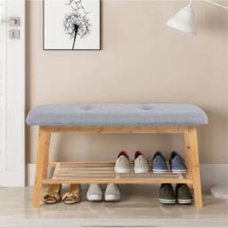 EONLION 2 Tier Wood Shoe Bench Bamboo Boot Rack Shelf in Grey - Size: 100 cm - thumbnail 3
