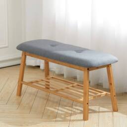 EONLION 2 Tier Wood Shoe Bench Bamboo Boot Rack Shelf in Grey - Size: 100 cm - thumbnail 5