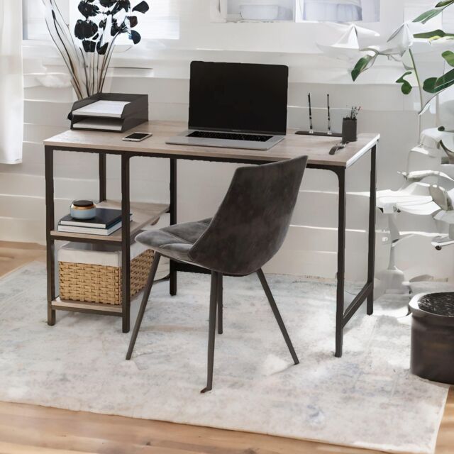 FURNOS Industrial 120CM Wide Computer Desk With 2 Shelves in Light Grey - image 1