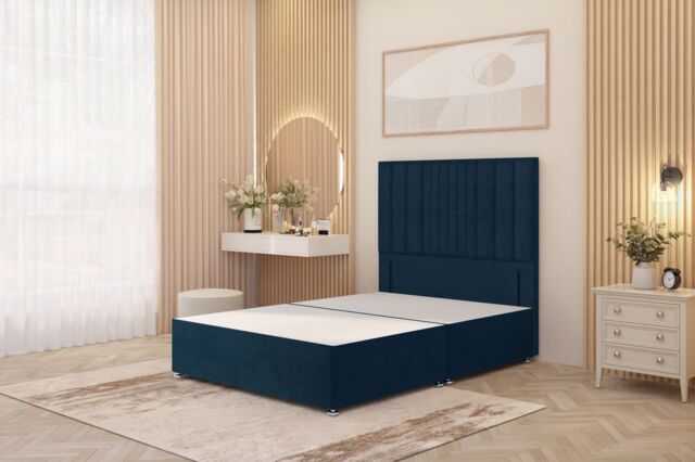 "Somnior Alexas Divan Bed Base with 54"" Floor Standing Headboard Plush Velvet in Navy - Size: Single" - image 1