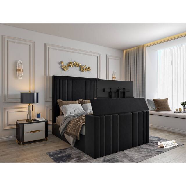 KDMD Atom Upholstered Soft Velvet Black Tv Bespoke Bed Frame - Size: Small Double - image 1