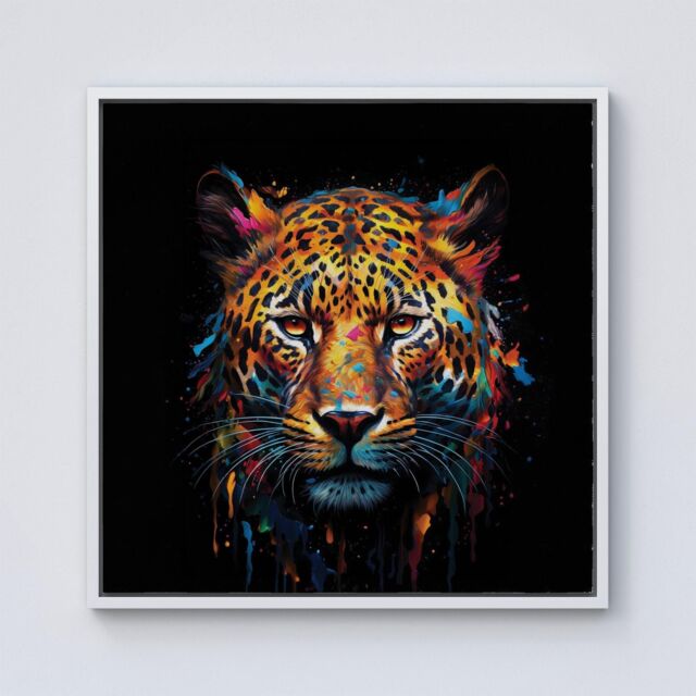 "Warren Reed - Designer Splashart Leopard Face Framed Canvas in Off-White - Size: W30"" x H30""" - image 1