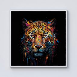 "Warren Reed - Designer Splashart Leopard Face Framed Canvas in Off-White - Size: W30"" x H30""" - thumbnail 1