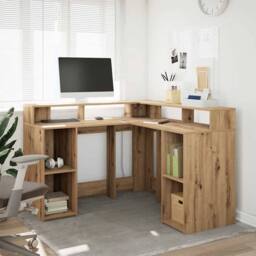 Berkfield Home Soft Desk with LED Lights Artisian Oak 130x130x91 cm Engineered Wood in Brown - Size: 130 x 130 x 91 cm - thumbnail 2