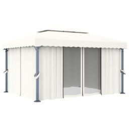 Berkfield Home Gazebo with Curtain&LED String Lights 4x3 m Cream White in Beige - thumbnail 4