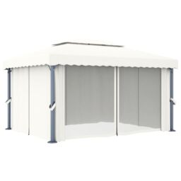 Berkfield Home Gazebo with Curtain&LED String Lights 4x3 m Cream White in Beige - thumbnail 5