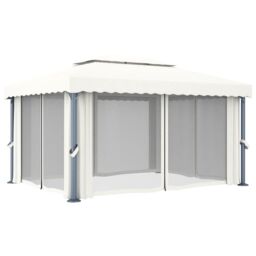 Berkfield Home Gazebo with Curtain&LED String Lights 4x3 m Cream White in Beige - thumbnail 6