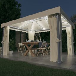 Berkfield Home Gazebo with Curtain&LED String Lights 4x3 m Cream White in Beige - thumbnail 1
