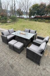 Fimous Rattan Outdoor Furniture Gas Fire Pit Rectangle Dining Table Gas Heater Chairs Sofa 8 Seater in Dark Grey - thumbnail 3