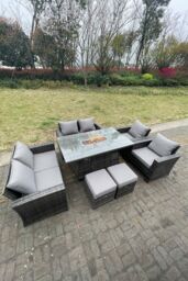 Fimous Rattan Outdoor Furniture Gas Fire Pit Rectangle Dining Table Gas Heater Chairs Sofa 8 Seater in Dark Grey - thumbnail 4