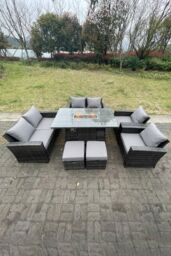 Fimous Rattan Outdoor Furniture Gas Fire Pit Rectangle Dining Table Gas Heater Chairs Sofa 8 Seater in Dark Grey - thumbnail 1