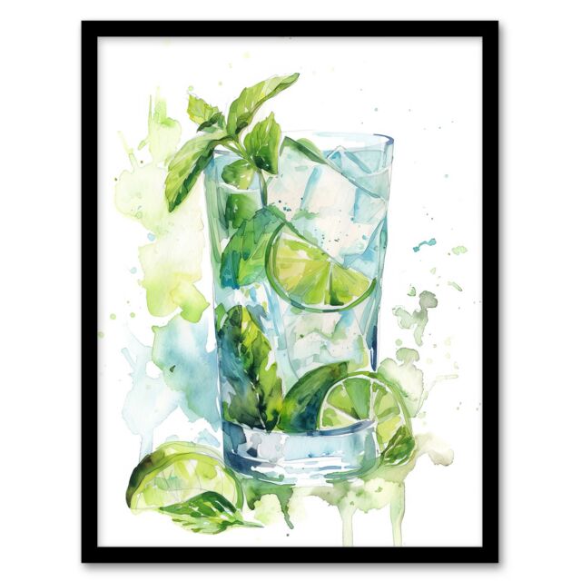 "Artery8 Classic Mojito Cocktail Modern Watercolour Mint Framed Art Print in Green - Size: W12"" x H16""" - image 1