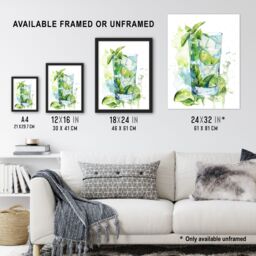 "Artery8 Classic Mojito Cocktail Modern Watercolour Mint Framed Art Print in Green - Size: W12"" x H16""" - thumbnail 3