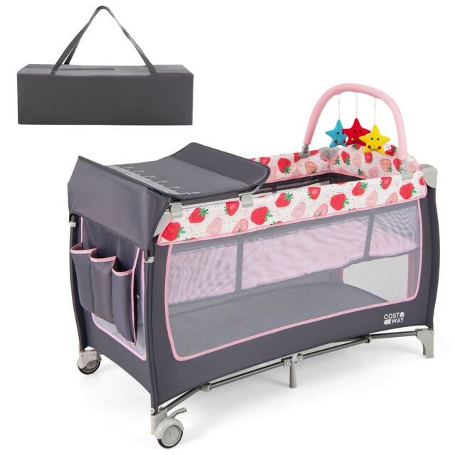 Gymax 4 in 1 Infant Nursery Center Folding Baby Playard With Toy Bar-Pink in Pink - image 1