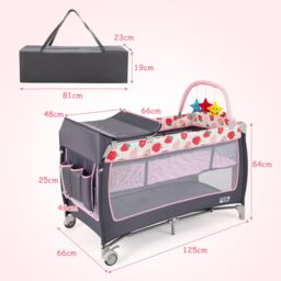 Gymax 4 in 1 Infant Nursery Center Folding Baby Playard With Toy Bar-Pink in Pink - thumbnail 3
