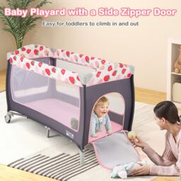 Gymax 4 in 1 Infant Nursery Center Folding Baby Playard With Toy Bar-Pink in Pink - thumbnail 7