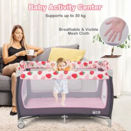 Gymax 4 in 1 Infant Nursery Center Folding Baby Playard With Toy Bar-Pink in Pink - thumbnail 2