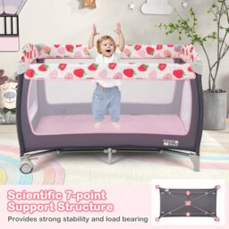 Gymax 4 in 1 Infant Nursery Center Folding Baby Playard With Toy Bar-Pink in Pink - thumbnail 6