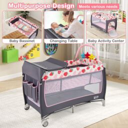 Gymax 4 in 1 Infant Nursery Center Folding Baby Playard With Toy Bar-Pink in Pink - thumbnail 5