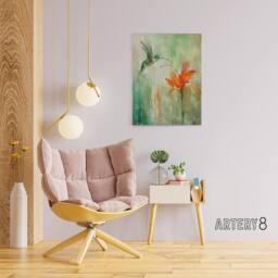 "Artery8 Daylily Flower & Hummingbird Canvas Wall Art Print in Green - Size: W18"" x H24""" - thumbnail 3