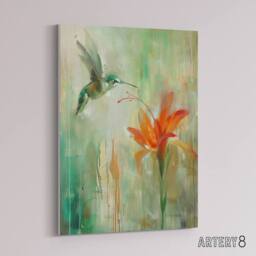 "Artery8 Daylily Flower & Hummingbird Canvas Wall Art Print in Green - Size: W18"" x H24""" - thumbnail 2