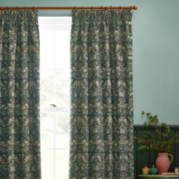 Morris & Co Strawberry Thief Jacquard Floral Room Darkening Pencil Pleat Curtain Pair in Green - Size: 168 cm width x 137 cm drop - thumbnail 3
