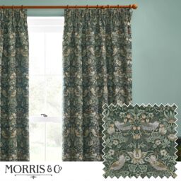Morris & Co Strawberry Thief Jacquard Floral Room Darkening Pencil Pleat Curtain Pair in Green - Size: 168 cm width x 137 cm drop