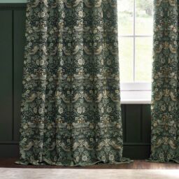 Morris & Co Strawberry Thief Jacquard Floral Room Darkening Pencil Pleat Curtain Pair in Green - Size: 168 cm width x 137 cm drop - thumbnail 5