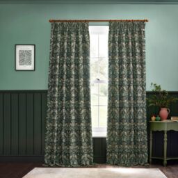 Morris & Co Strawberry Thief Jacquard Floral Room Darkening Pencil Pleat Curtain Pair in Green - Size: 168 cm width x 137 cm drop - thumbnail 7