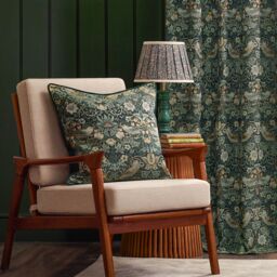 Morris & Co Strawberry Thief Jacquard Floral Room Darkening Pencil Pleat Curtain Pair in Green - Size: 168 cm width x 137 cm drop - thumbnail 4