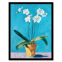"Artery8 White Orchid Flower Pot Painting Framed Art Print in Blue - Size: W12"" x H16""" - thumbnail 1