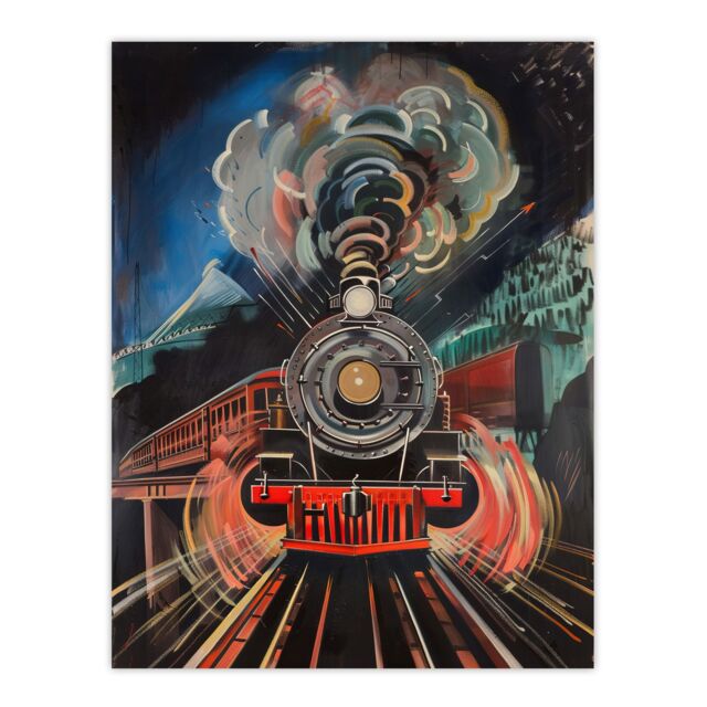 "Artery8 Steam Train Painting Engine Dark Powerful Bold Wall Art Print - Size: W18"" x H24""" - image 1