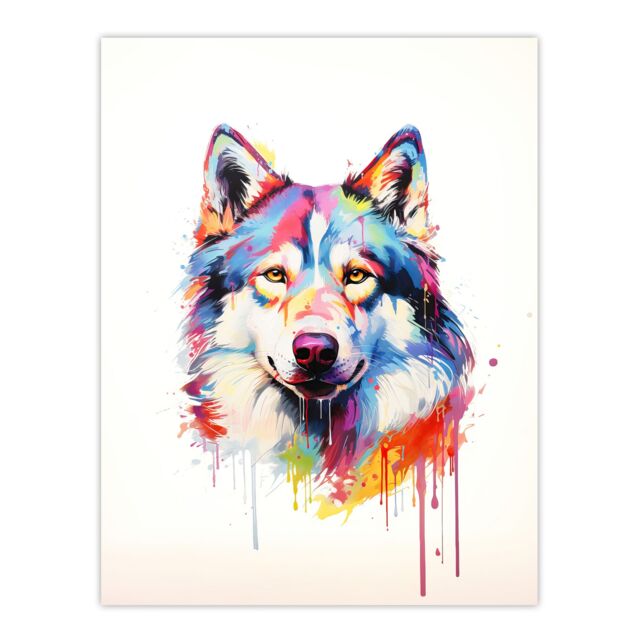 "Artery8 Wall Art Print Husky Dog Lover Gift Pet Portrait Rainbow Colours Artwork Painting Poster - Size: W18"" x H24""" - image 1