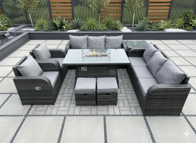 Fimous Wicker Rattan Garden Furniture Set Gas Fire Pit Dining Table Indoor Outdoor with Side Table Chair Loveseat Sofa 2 Footstools in Dark Grey - image 1