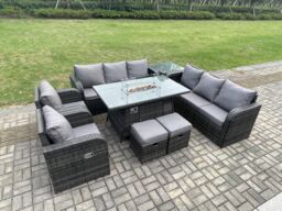 Fimous Wicker Rattan Garden Furniture Set Gas Fire Pit Dining Table Indoor Outdoor with Side Table Chair Loveseat Sofa 2 Footstools in Dark Grey - thumbnail 3