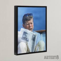 "Artery8 President John F Kennedy Cigar & Newspaper Framed Canvas Wall Art Print in Blue - Size: W12"" x H16""" - thumbnail 2