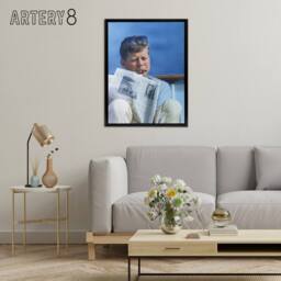 "Artery8 President John F Kennedy Cigar & Newspaper Framed Canvas Wall Art Print in Blue - Size: W12"" x H16""" - thumbnail 3