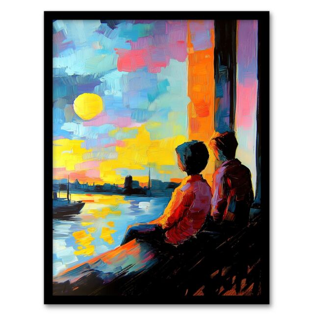 Artery8 Sunset Coastal View Couple Love Romantic Painting Framed Art Print in Blue - Size: A4 - image 1